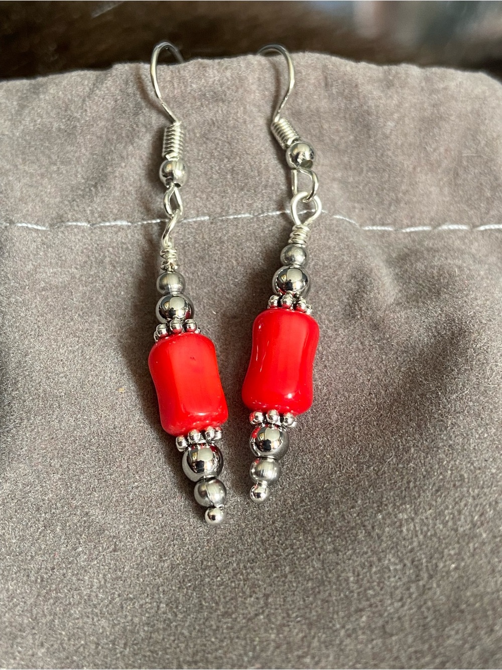 Stainless Steel & Red Coral Dangle Earrings - Picture 2 of 4